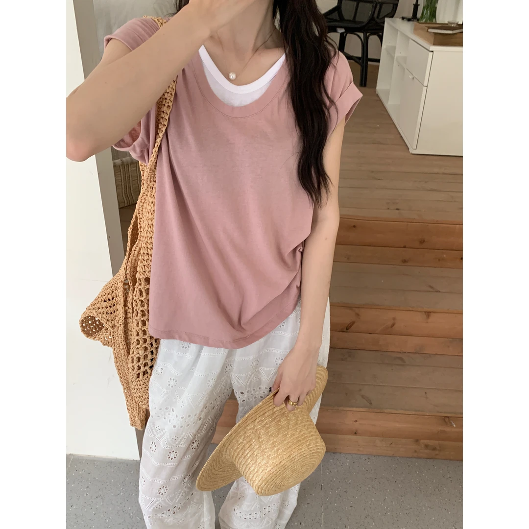 3912#闰熙#韩系简约纯色百搭撞色假两件无袖背心上衣（福利）