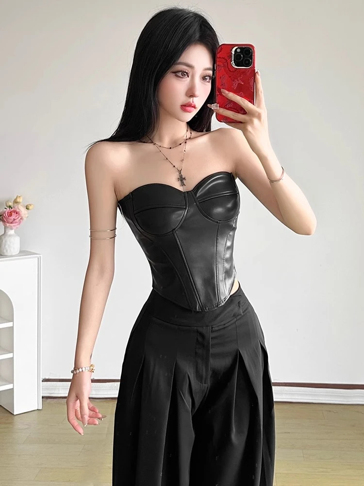 机车硬妹风拽酷抹胸上衣 黑色解构分割修身小性感皮衣女小众时尚