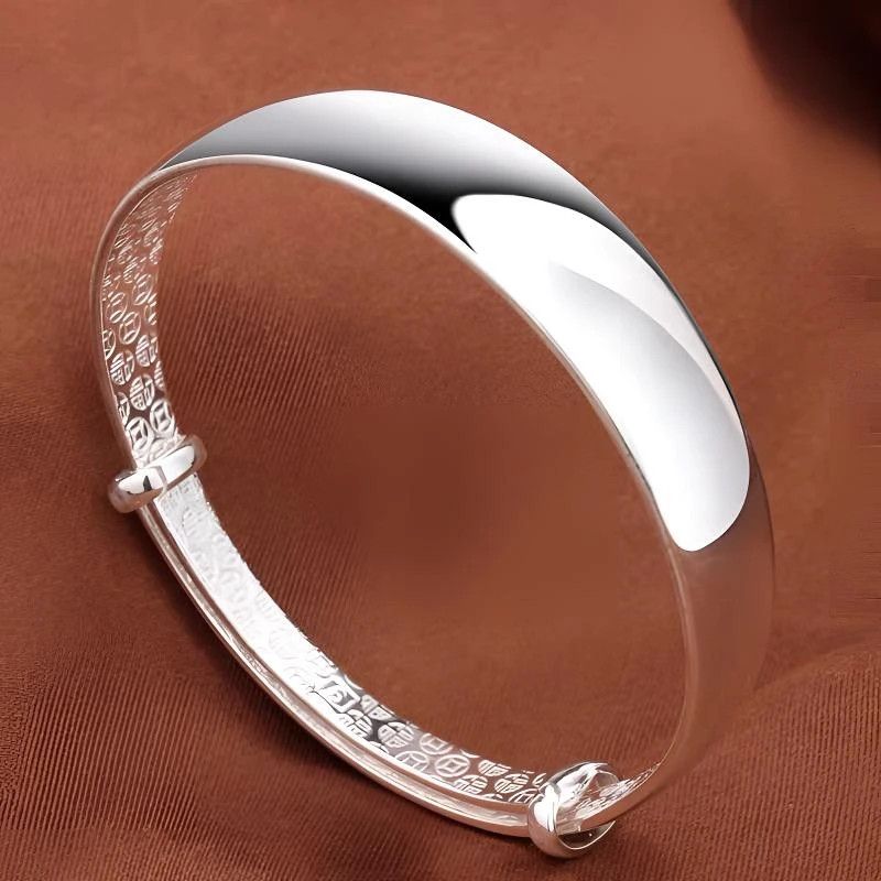 足银手镯 百福足银999.9纯银光面推拉镯简约送妈妈款