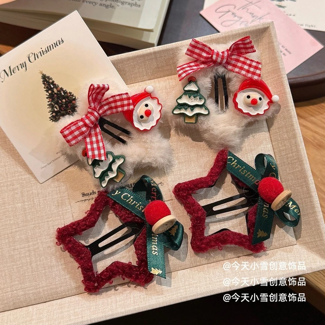 新年红色毛绒星星发夹蝴蝶结刘海BB侧边发卡圣诞节头饰发饰