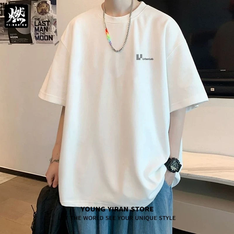 圆领宽松美式痞帅男士潮流短袖t恤男纯棉印花半袖百搭简约五分袖