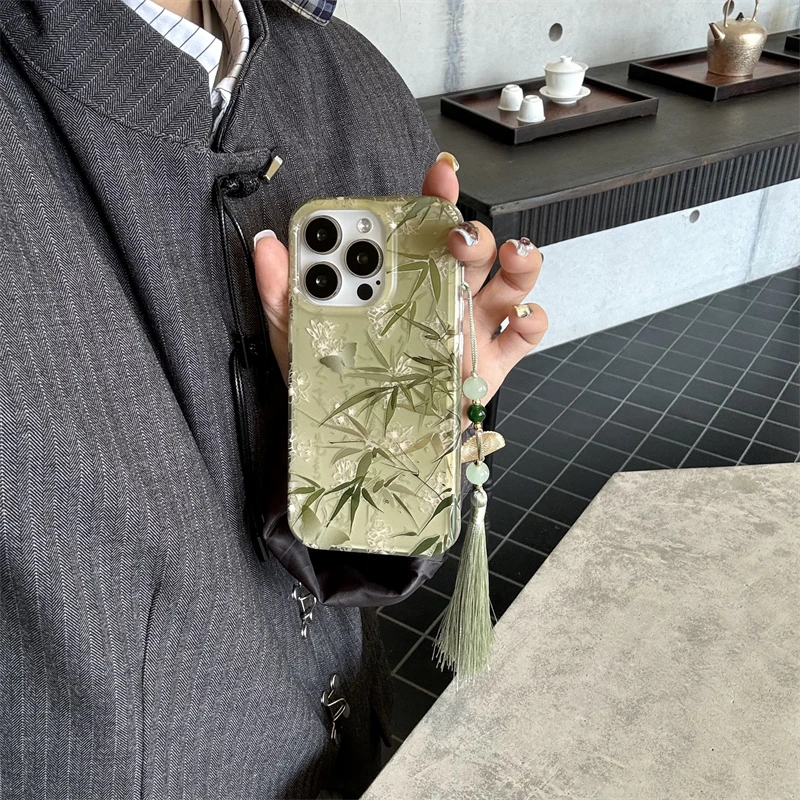 ins新中式小清新绿色竹子手机壳适用iphone16promax苹果流苏链条1