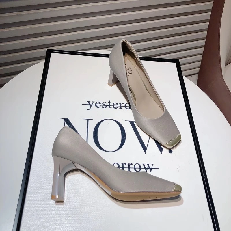 复古方头高跟单鞋韩版新款淑女气质拼色浅口粗跟晚晚鞋百搭通勤鞋