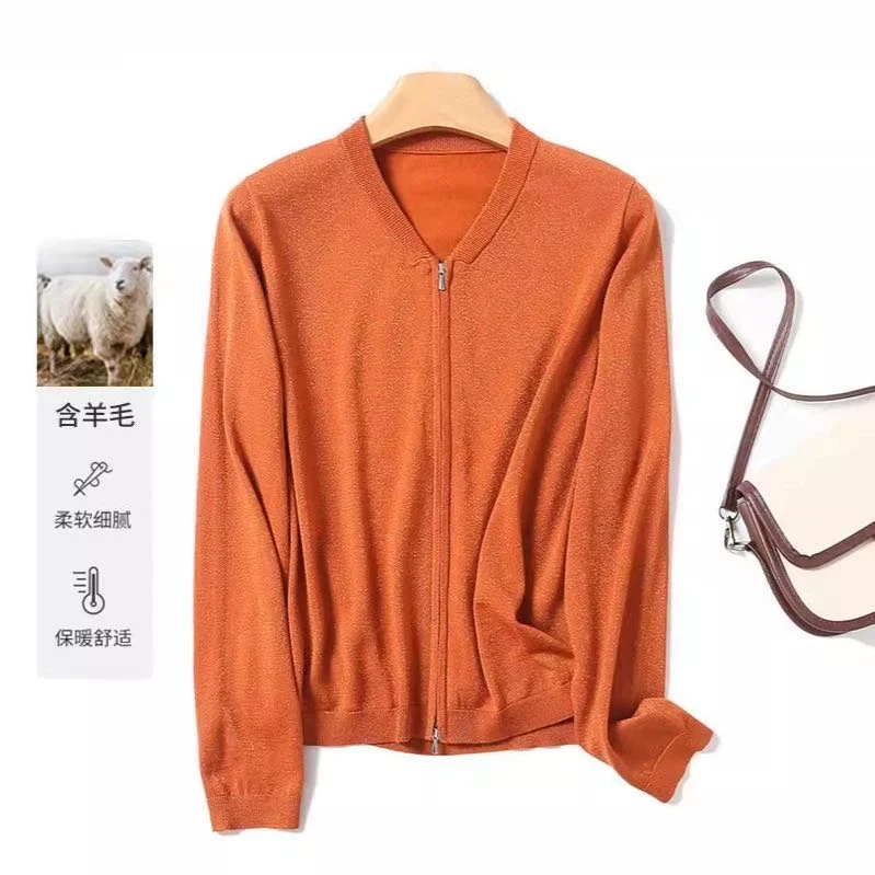 千柏年羊毛衫女通勤百搭V领拉链金银丝时尚开衫休闲针织衫-C1937
