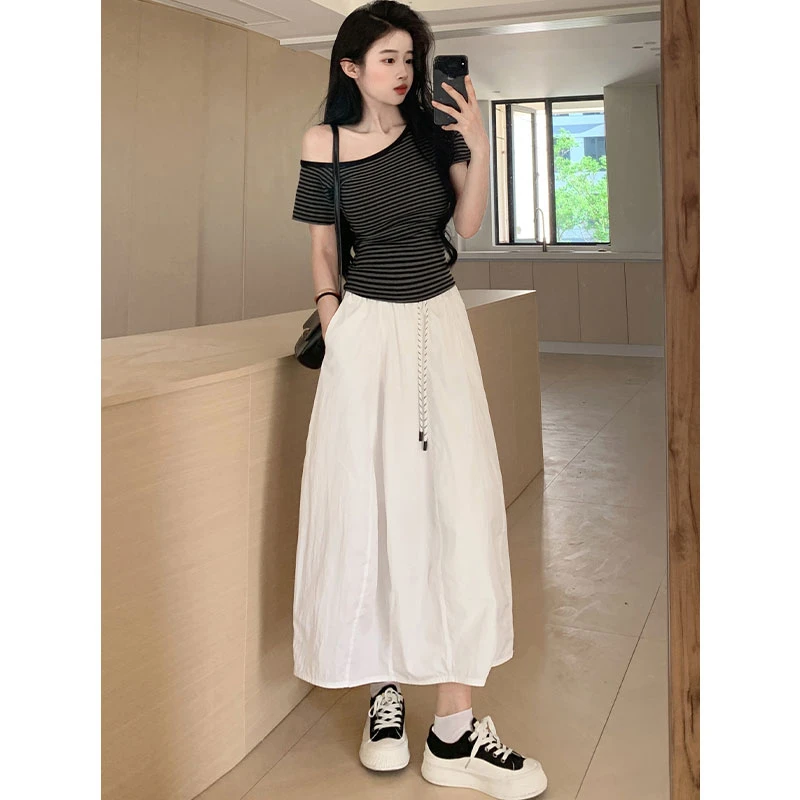 大码胖mm白色拼接半身裙女夏季薄款2025新款休闲宽松高腰南瓜裙