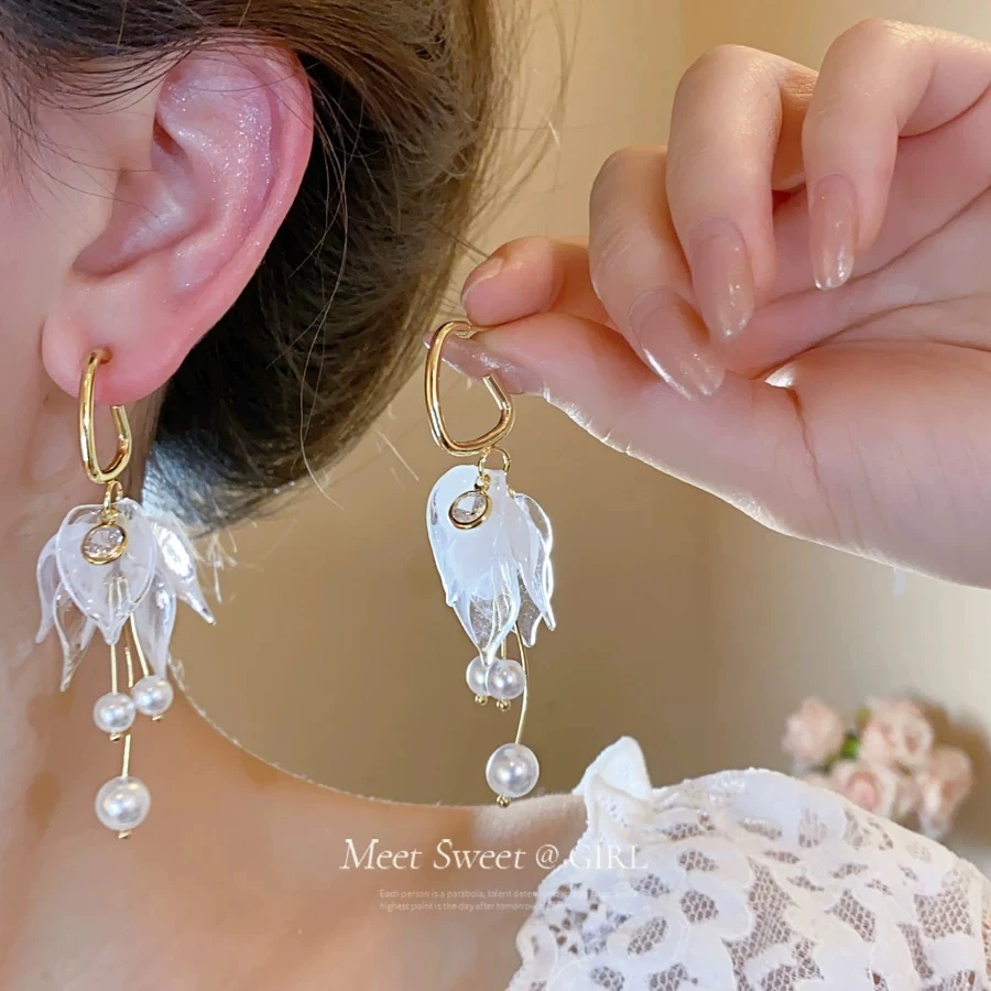 合金耳饰 浪漫周末~复古法式甜美度假风长款花瓣流苏耳环耳圈超仙