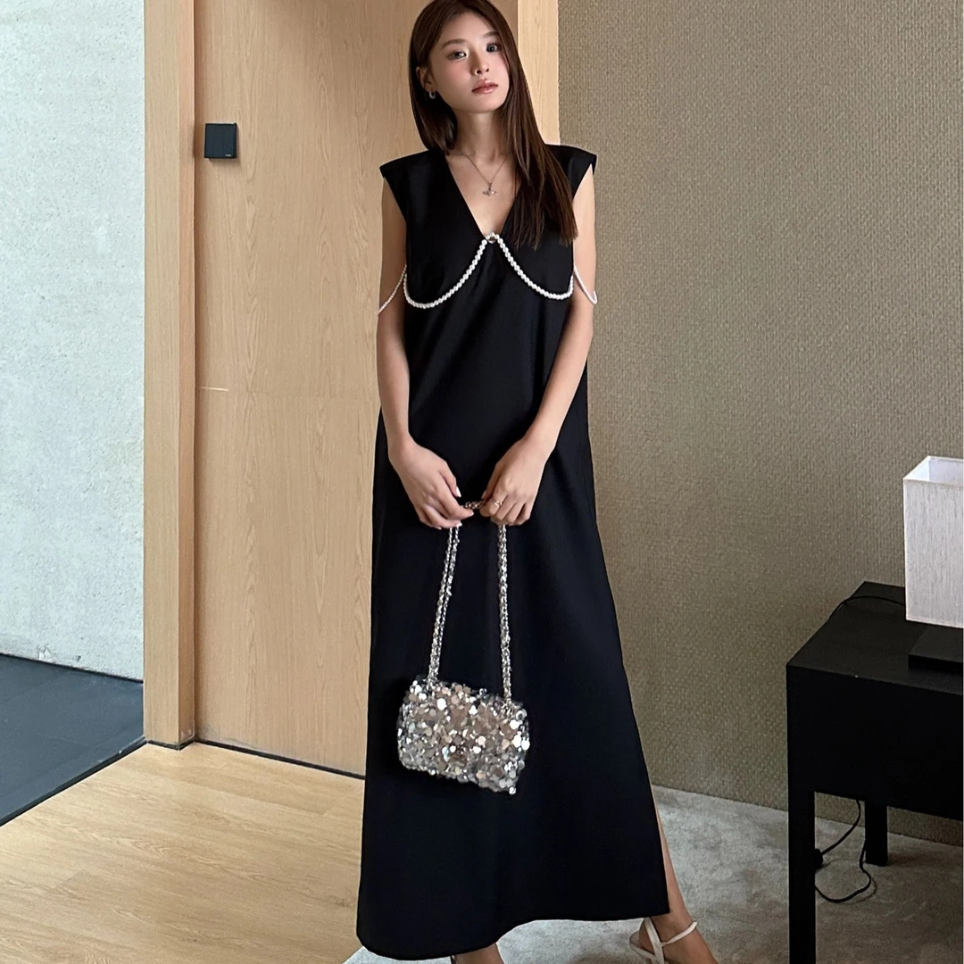 夏季珍珠V领开衩显瘦气质连衣裙-TY46005
