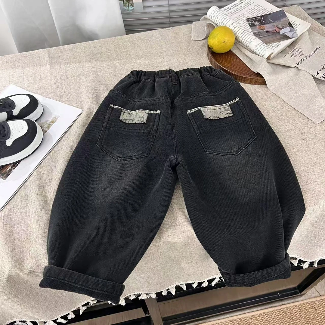 2024年秋冬新款儿童加绒牛仔裤百搭韩版宽松时尚30052黑色牛仔裤