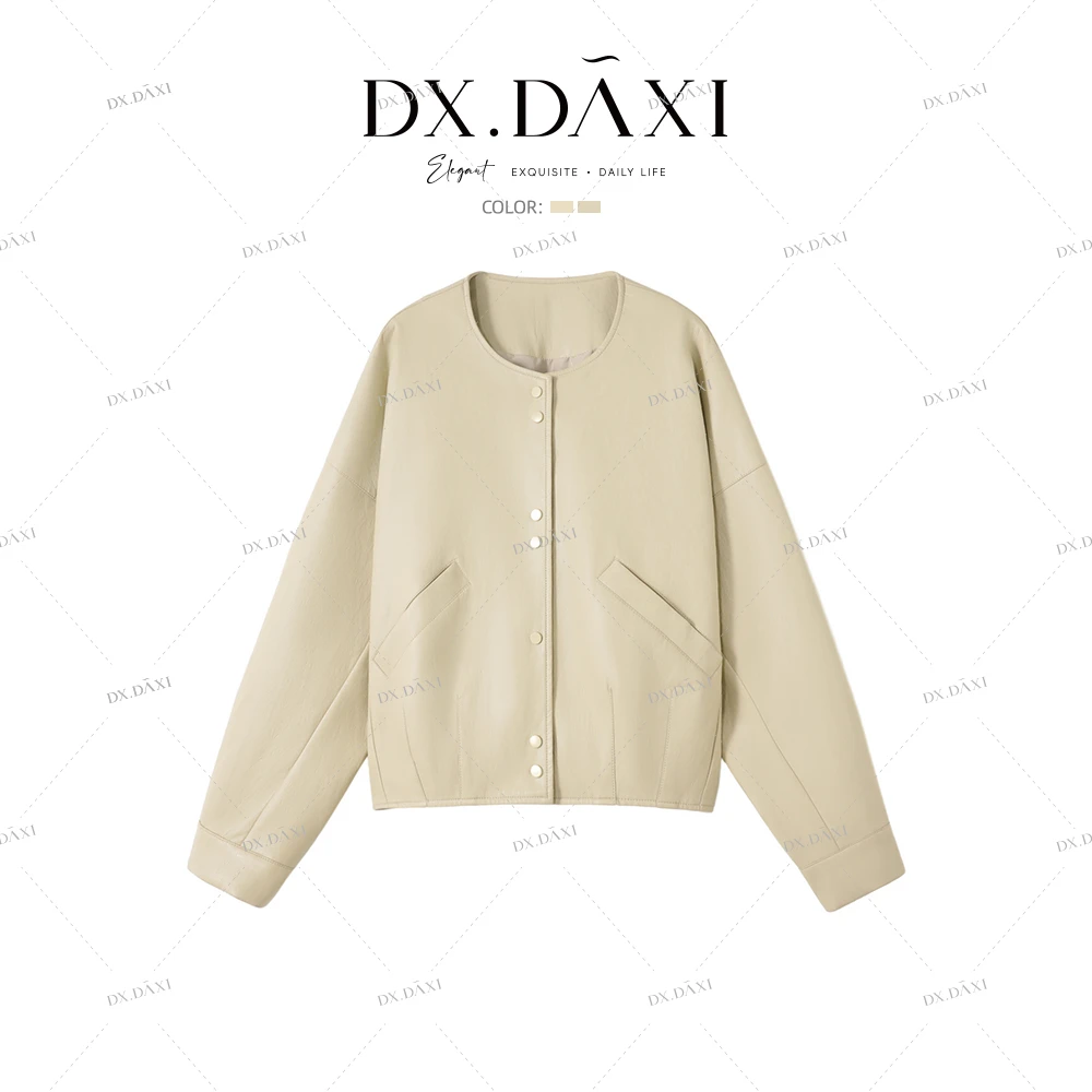 DX.DAXI【心动信号】2025春季时尚气质休闲短款圆领皮衣外套2528691