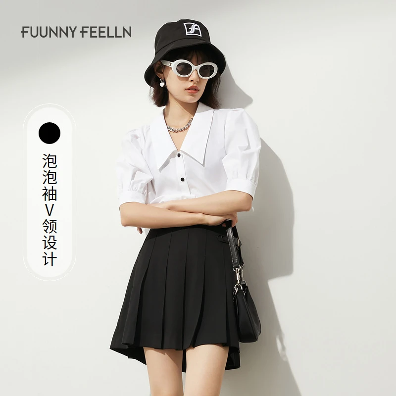 【】F衬衫女时尚泡泡袖短款翻领百搭衬衣FE00669女士高腰显