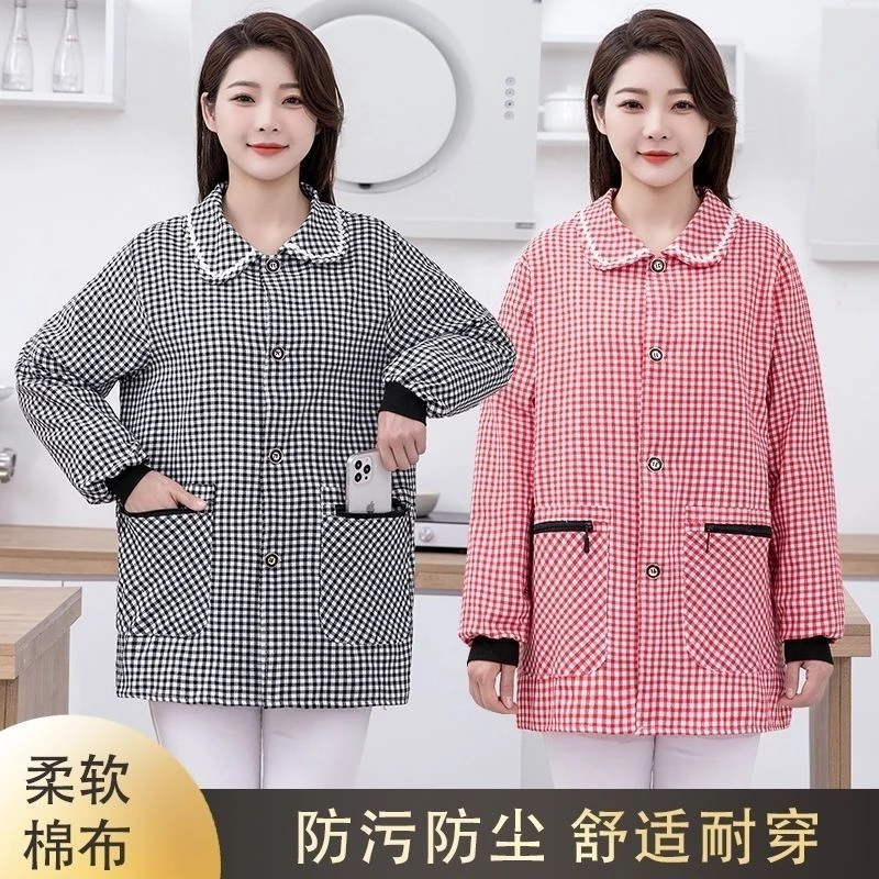 时尚正穿棉布罩衣厨房做饭家用长袖透气双兜围裙洋气上班工作服