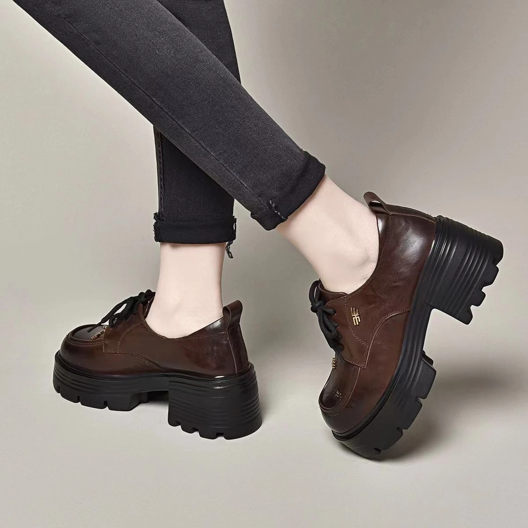 系带皮鞋女春秋学院风圆头乐福鞋春季时尚厚底增高粗跟防水台女鞋