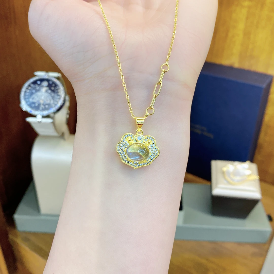 吊坠925银合成锆石 黑标K清透灵动平安锁中式项链dois12