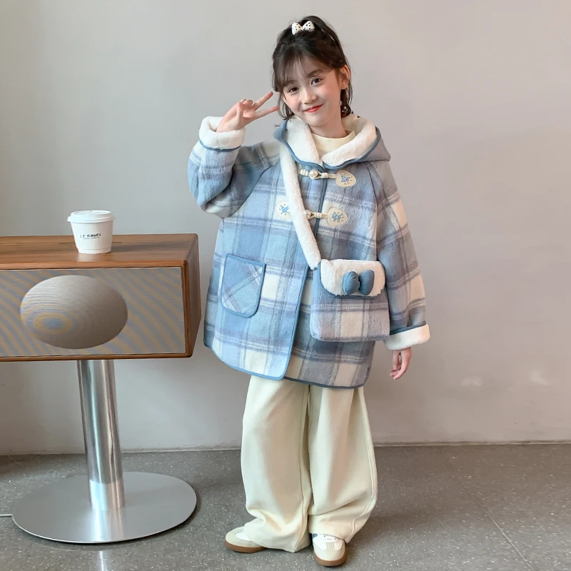 女童毛呢外套秋冬装女孩洋气加绒外套儿童加厚连帽厚呢子大衣中长