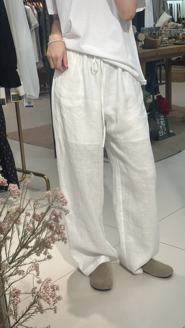 【极简主义】chalan 2025夏日黑白两色亚麻凉感抽绳休闲裤H25X0141