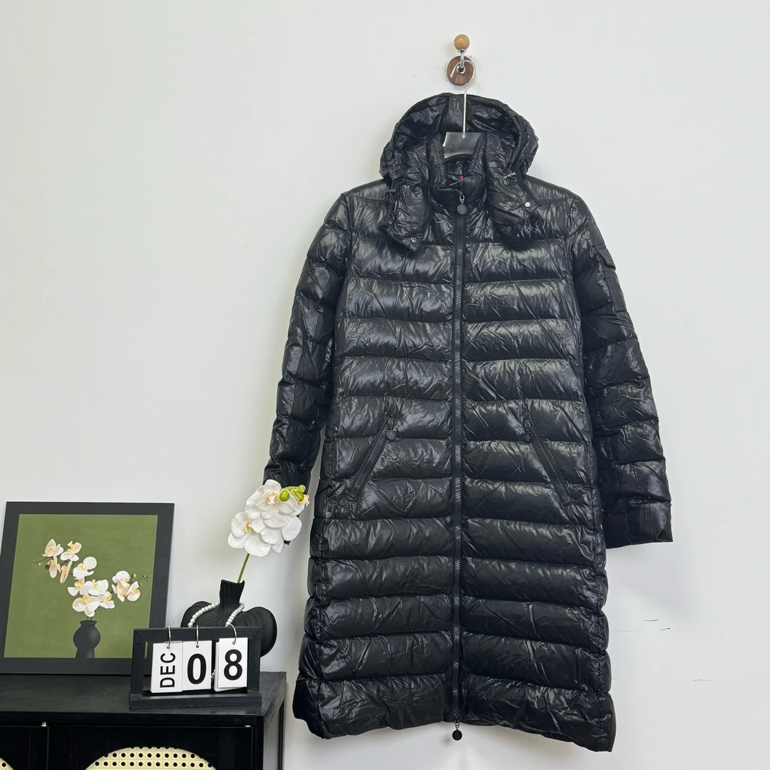 95新 MONCLER Moka黑色亮面长款徽标logo羽绒服 2码