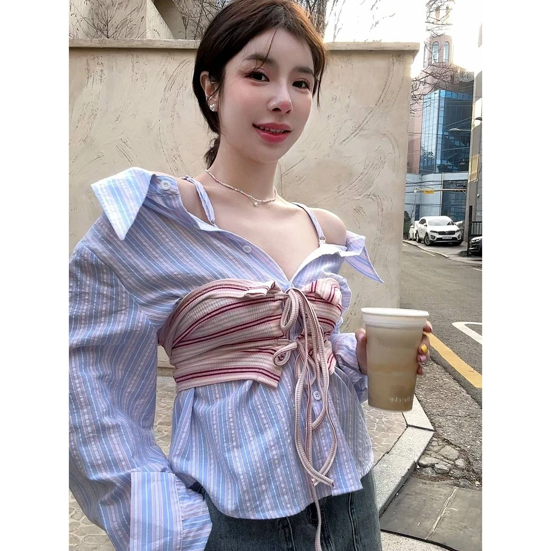 【HuiHui】韩国东大门 条纹拼色后V领长袖衬衫+裹胸两件套（P48）