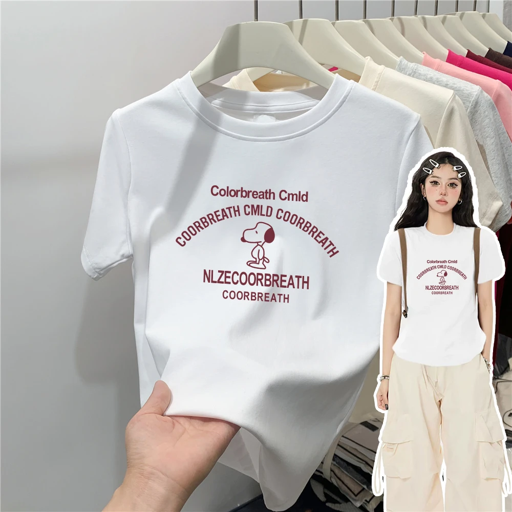 正肩显瘦显白短袖T恤女装设计感打底纯棉百搭卡通印花ins圆领上衣