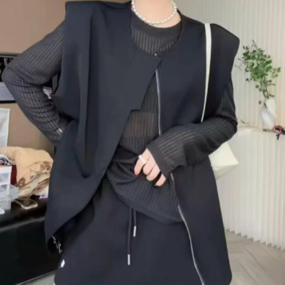 陈家妞儿 欧货洋气拉链马甲小衫半身裙三件套