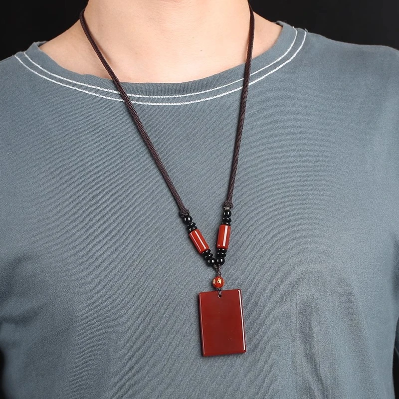 天然红玛瑙平安无事牌吊坠本命年项链挂件男士女款可刻字饰品