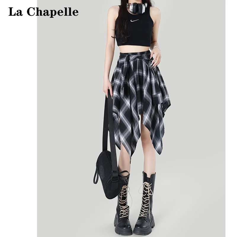 拉夏贝尔蓝色不规则绑带半身裙女2025夏季设计感小众格子a字短裙