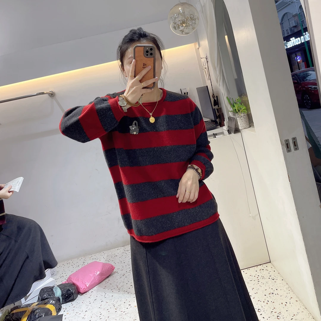 新款韩式小清新宽条纹羊毛混纺针织上衣6962