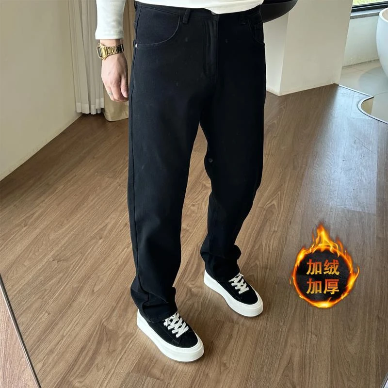 潮牌黑色牛仔裤男士秋冬季加绒宽松直筒长裤子美式高街痞帅休闲裤