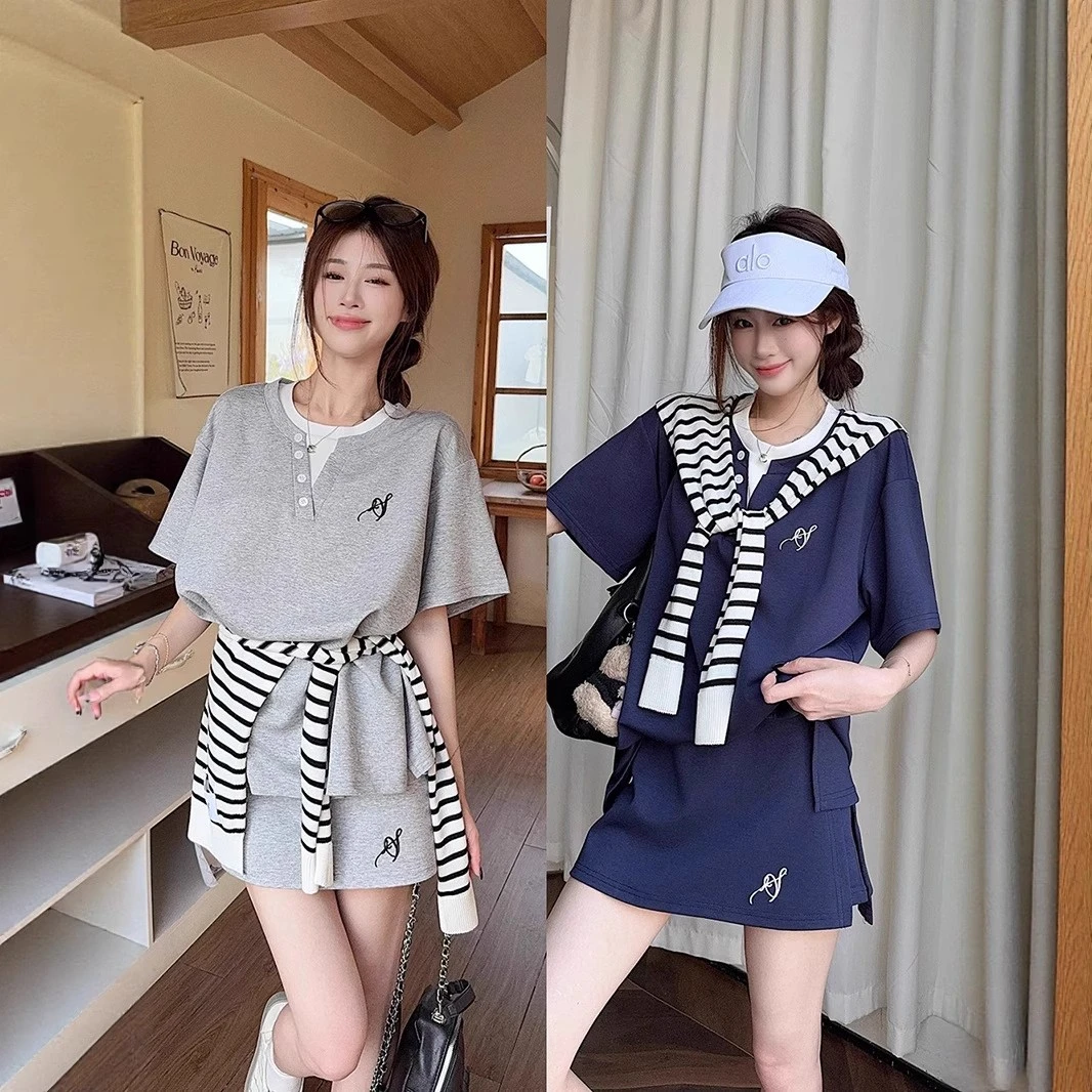 新款刺绣夏季韩系减龄休闲披肩假两件套装女慵懒运动风T袖  8235