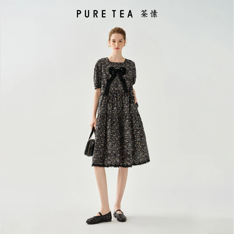 【暗韵花境】茶愫蕾丝花边方领蝴蝶结印花a字连衣裙KD4802D21