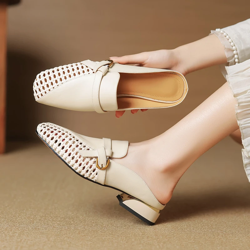 3cm 夏季方头粗跟平底外出一字半托法式复古中跟凉拖百搭女拖鞋子