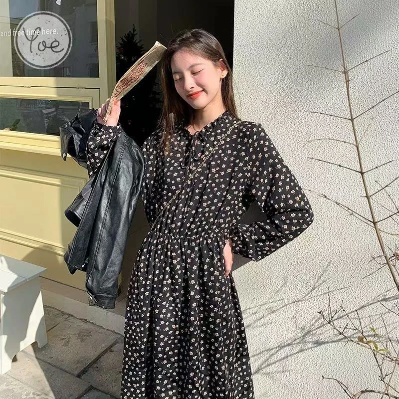 6668 连衣裙碎花长裙女士春装POLO领设计法式甜美气质裙子