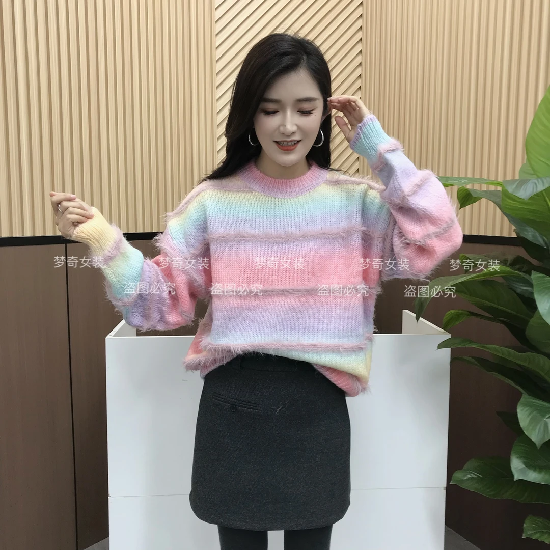 长袖条纹加厚马海毛洋气针织女毛衣秋冬季新款打底衫宽松韩版上衣