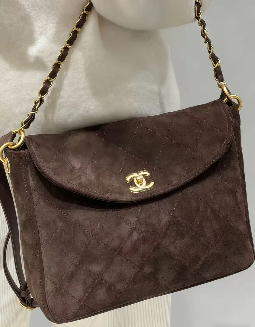 未使用 Chanel/香奈儿 26C 棕色金扣麂皮链条hobo
