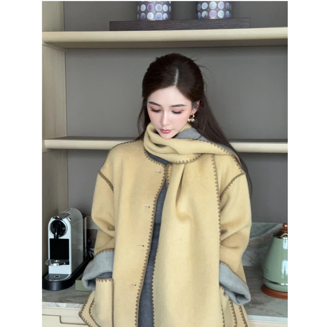 COCO BECCI【双面双穿围巾大衣】绵羊毛撞色双面呢外套CFZXC300121