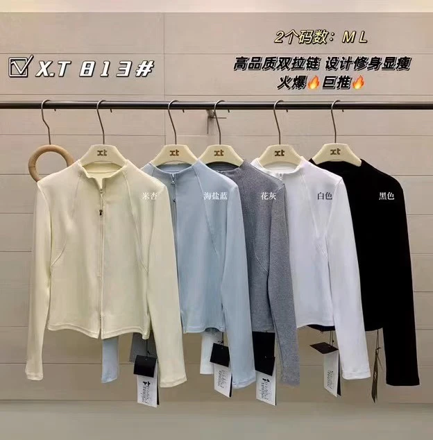 XT813设计感立领纯色修腰拉链长袖T恤女夏季韩版新款修身百搭上衣