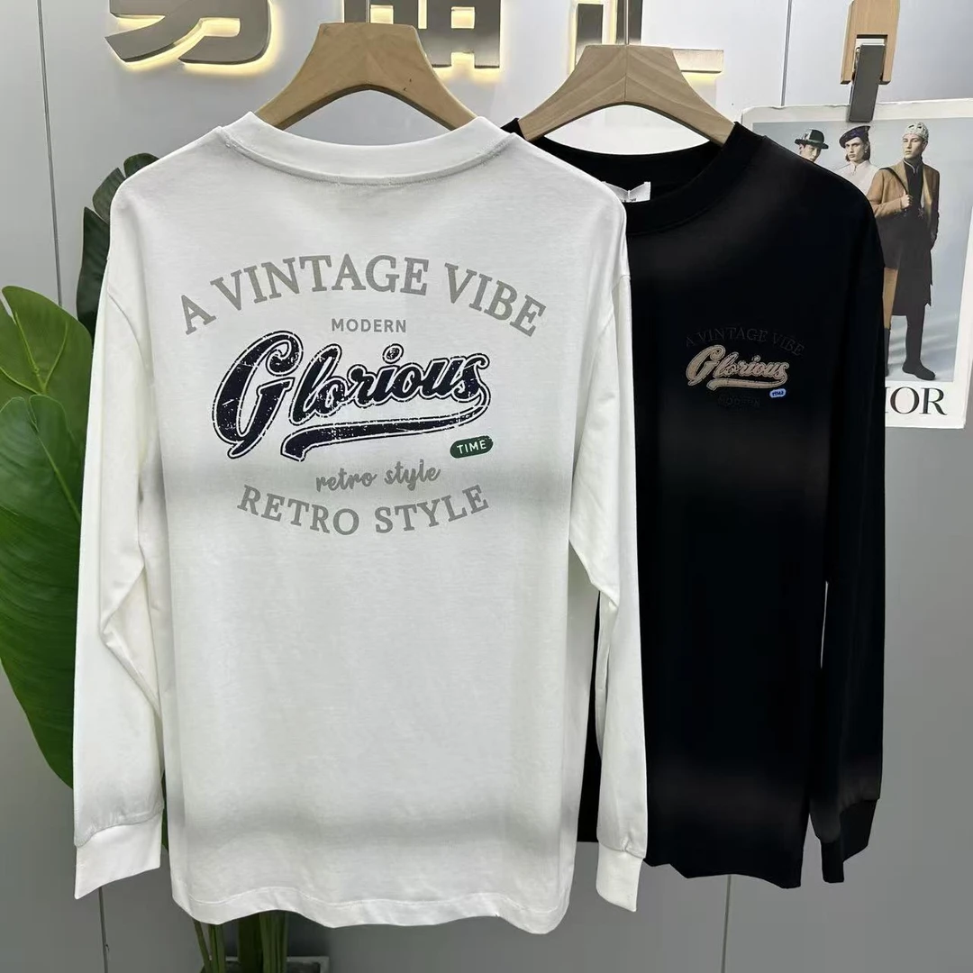 长袖秋季男士秋季立体裁剪T恤白色上衣圆领男士春季