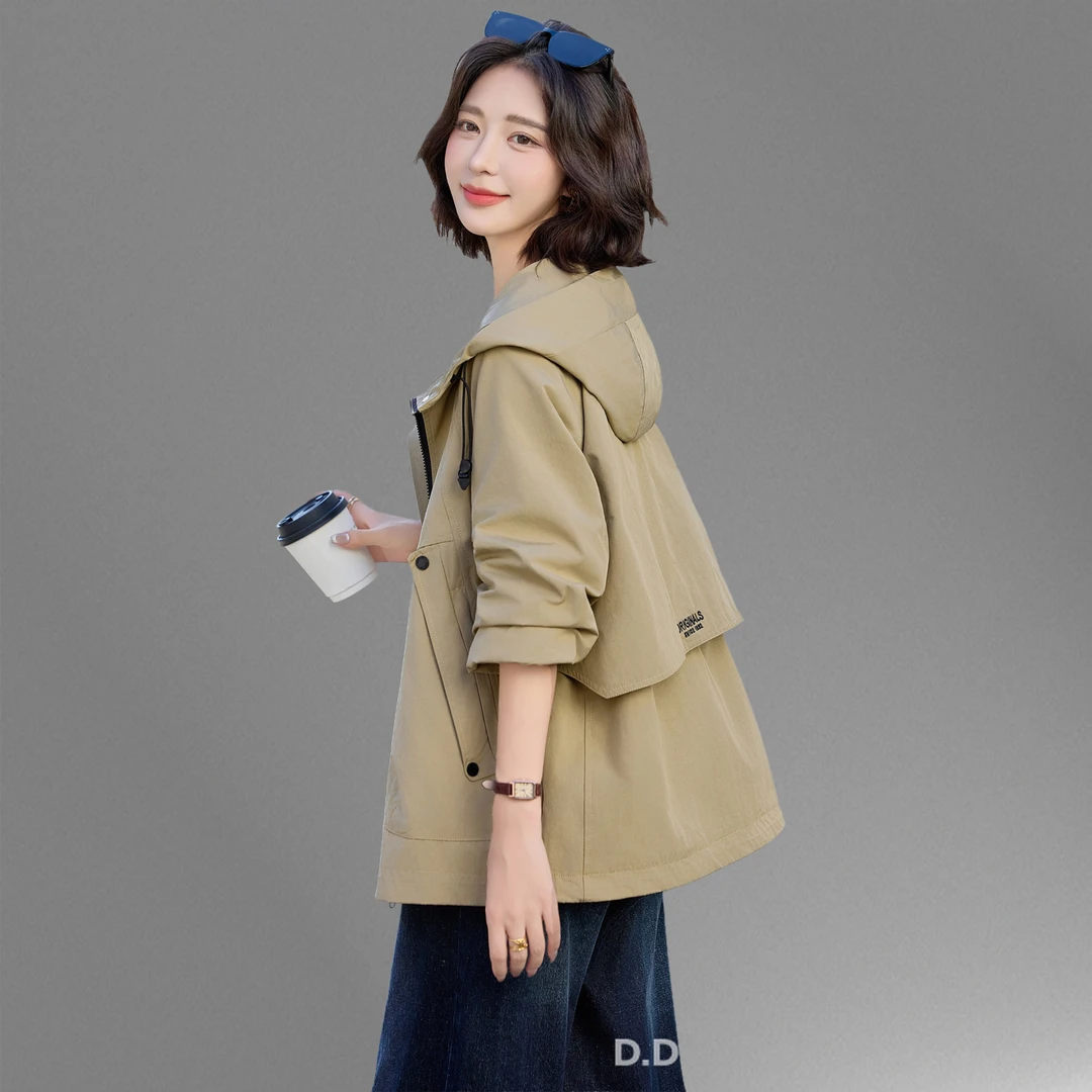 大码女装连帽风衣外套短款春秋2025新款时尚刺绣宽松休闲夹克上衣