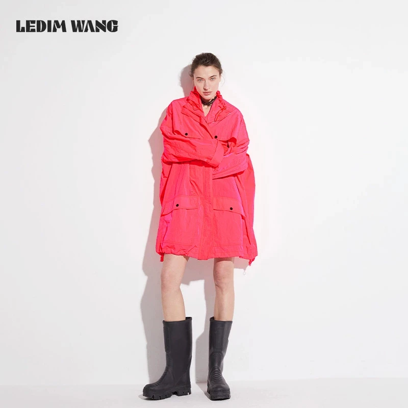 1LEDIM WANG阔型印花风衣外套女夏2025新款户外抽绳冲锋衣中长款