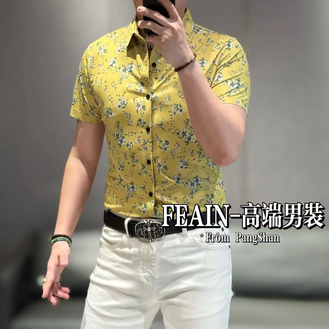 高端男士弹力莱卡波西米亚风格小碎花印花短袖衬衫0608