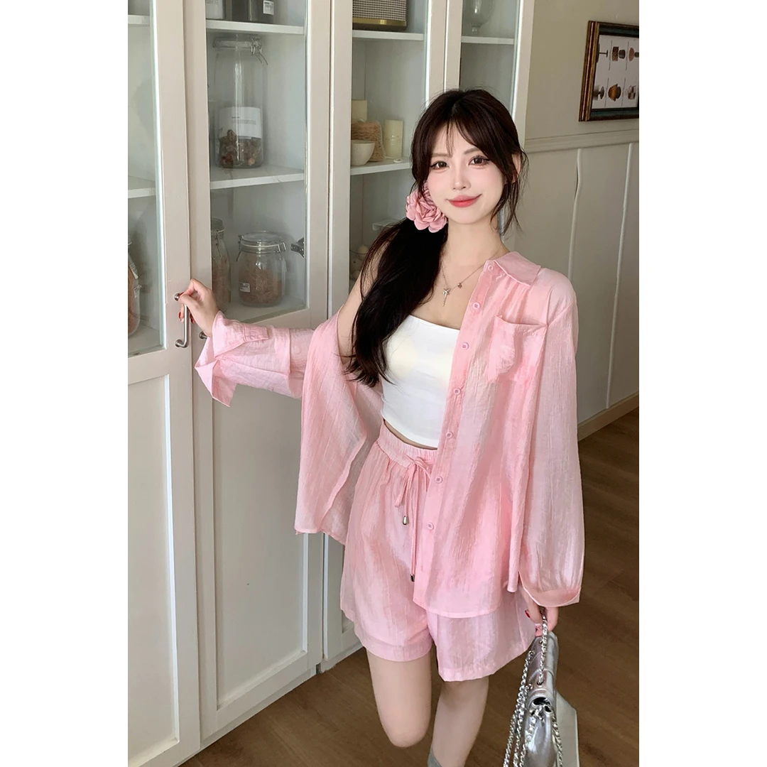 19799（009）夏装新款胖mm大码女甜美轻薄防晒衬衣抽绳两件套