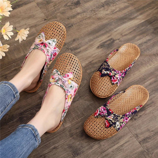 雪皮熊夏季亚麻拖鞋居家藤草编织男女士情侣防滑室内草席竹凉托鞋