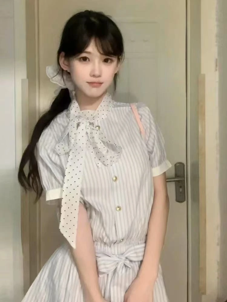 A007-韩系学院风条纹衬衫连衣裙子女夏季2025新款miu系小个子短裙