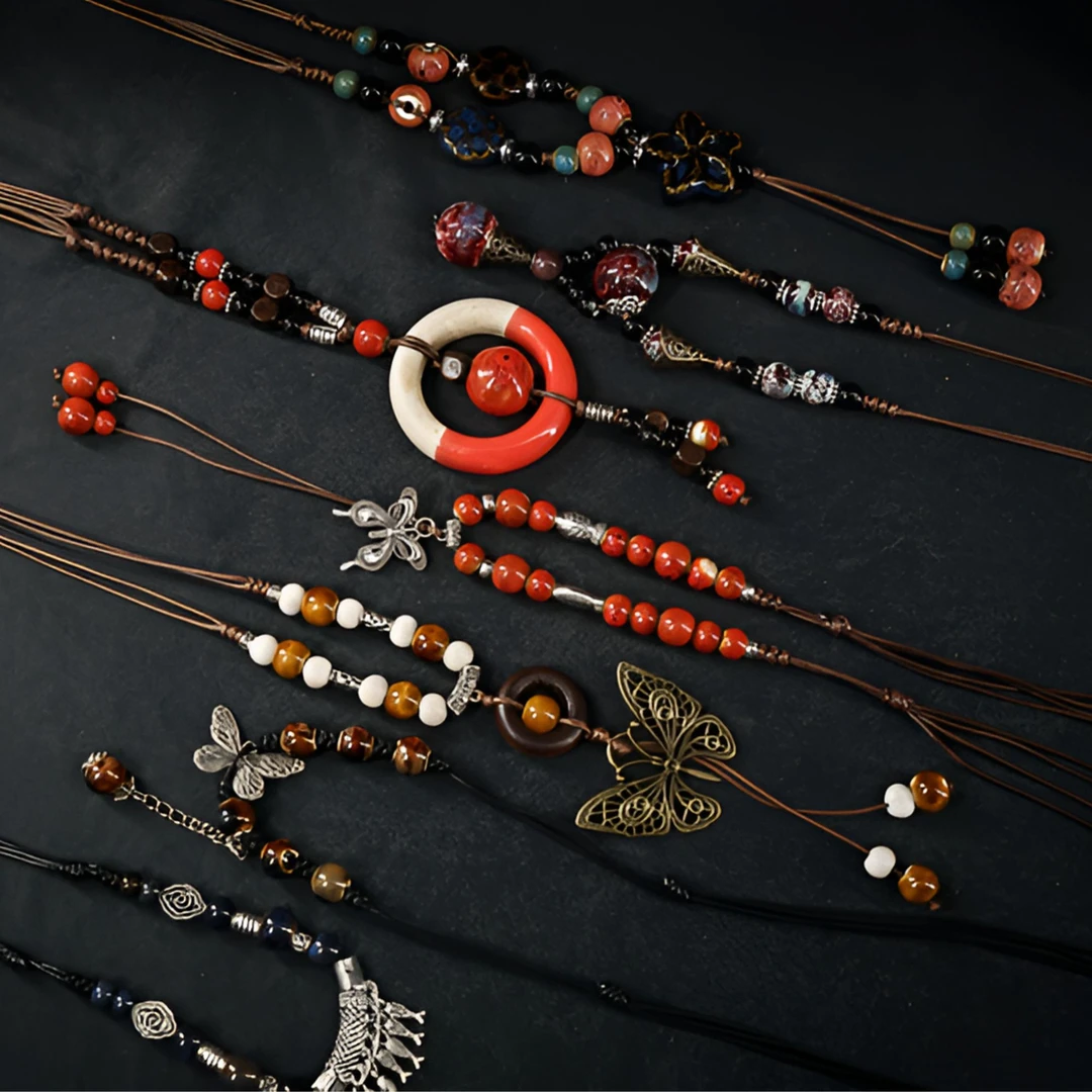 2025新中式小众国潮百搭景德镇陶瓷复古串珠编织长款吊坠项链