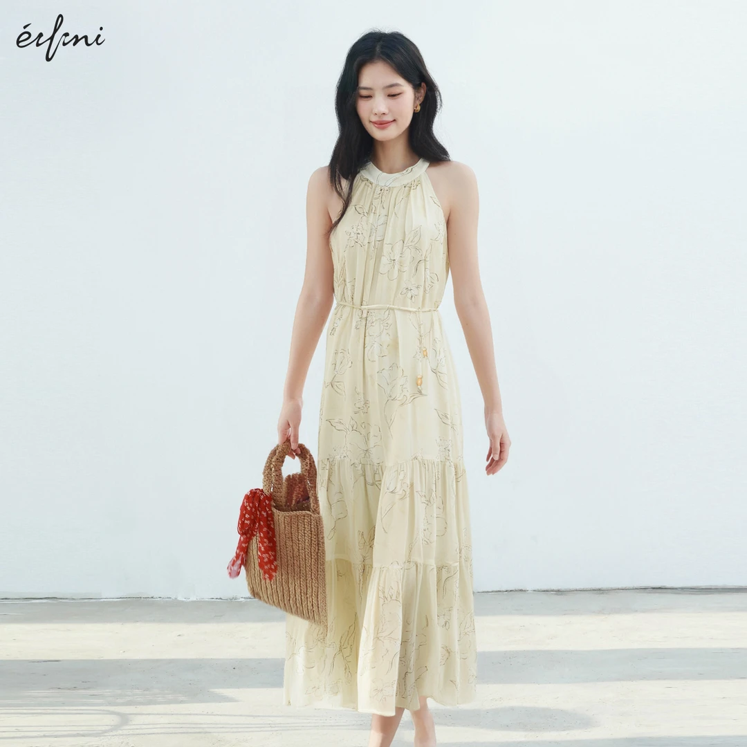 伊芙丽新中式挂脖蛋糕连衣裙女25夏季新款清新绿色长裙1G4993461