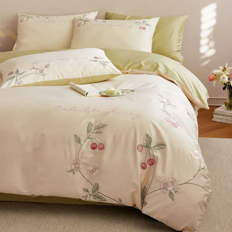 全棉长绒棉四件套纯棉被套床单床笠床上刺绣纯色简约纯棉四件套