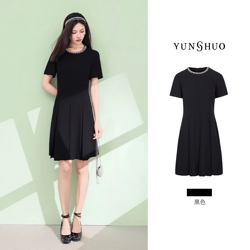 允硕夏季新品时尚气质圆领黑色高腰女短款A字裙修身连衣裙565066