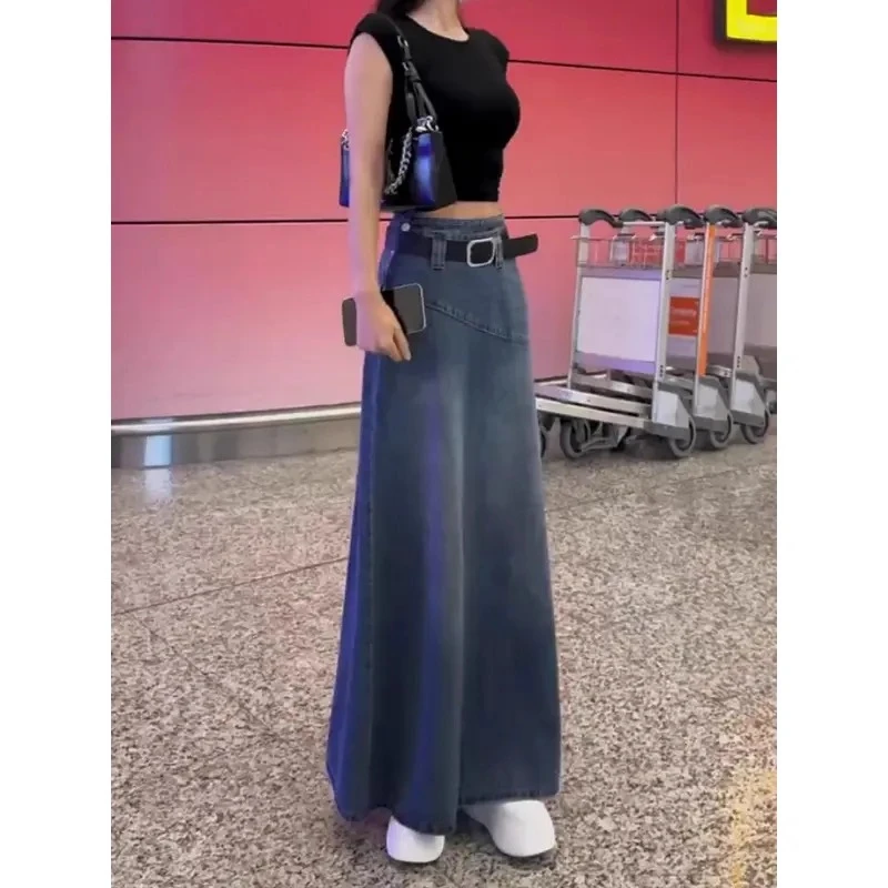 2025夏季辣妹风气质拼接牛仔半身裙时尚素雅水洗高腰美搭显瘦长裙