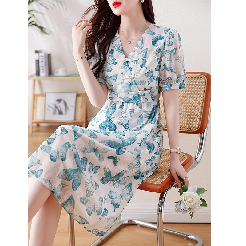 2025夏季新款新中式V领蝴蝶印花透气短袖中长款过膝连衣裙日常穿