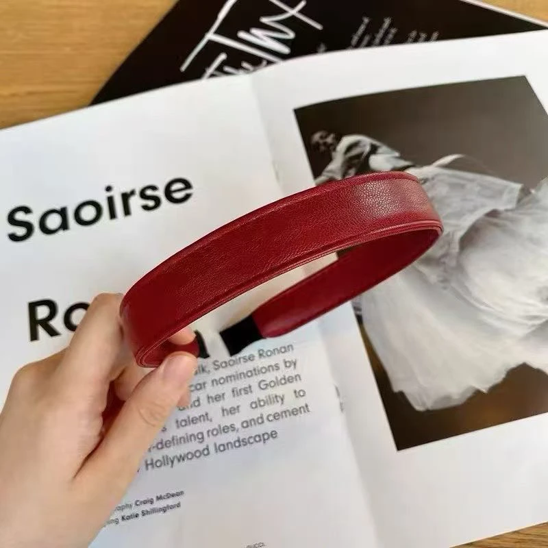 复古酒红PU皮发箍秋冬高级感时尚百搭头箍饰品