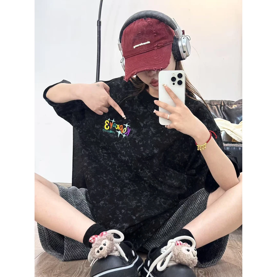 今年流行雪花染刺绣美式复古T恤男潮牌ins潮流高级感短袖夏季